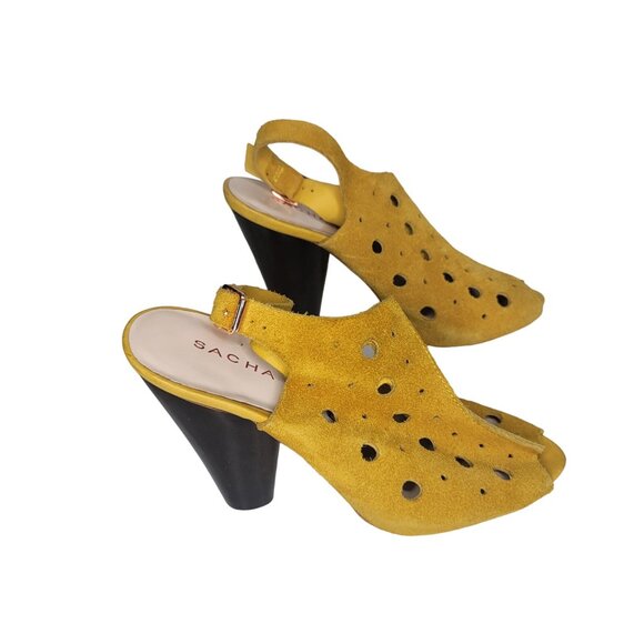Sacha London Mustard Yellow Suede Leather Upper Slingback Heeled Sandals With Cu - Picture 8 of 11